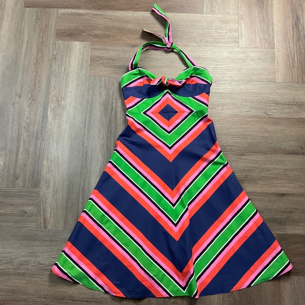 Trina Turk Dress Womens‎ 0 Green Blue Geometric Stripe Cotton Halter Rhiannon